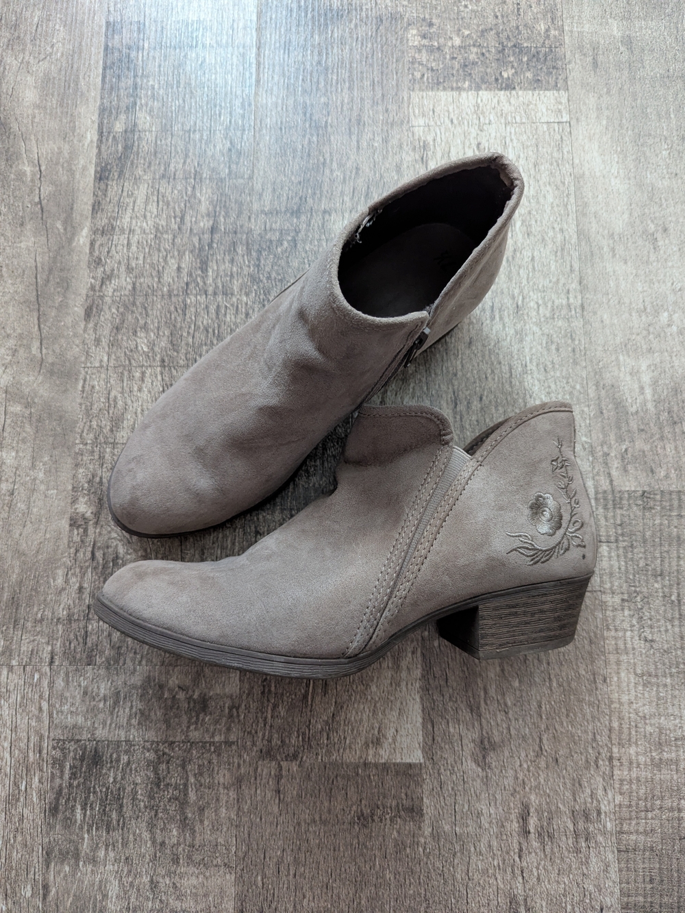 Time and Tru Taupe Suede-Look Embroidered Ankle Booties